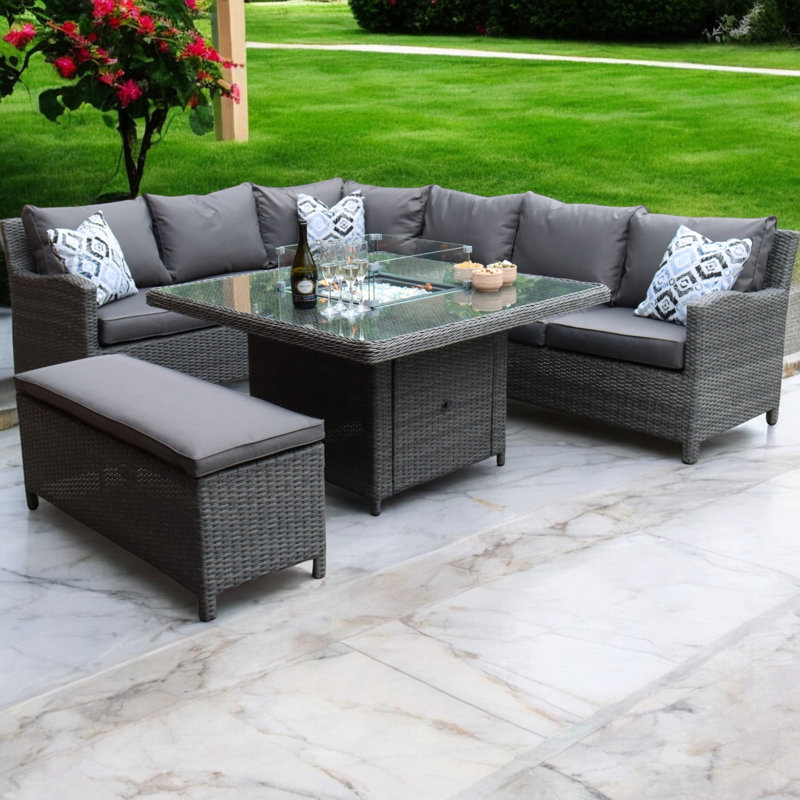 PARIS 7pc Deluxe Modular Corner Dining Set 2pc LH / RH Sofa, 1pc Corner Chair, 1pc Middle Chair & 1 Bench with 120x120cm Fire pit table