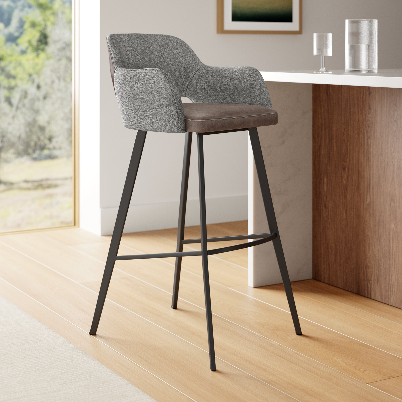 Ivonne Swivel Bar and Counter Stool, Bar Stool (29.34” Seat Height), Light Brown Faux Leather