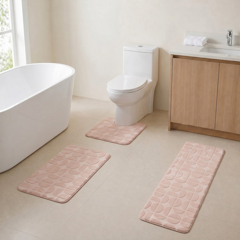 Ensemble de tapis de salle de bain en mousse viscoélastique 3 pièces Demi-Lune, Rosé