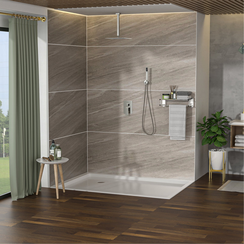 Douche carrée de 12 pouces à double fixation au plafond en nickel brossé avec pluie et douchette, tuyau en acier inoxydable 304 pour plus de durabilité.