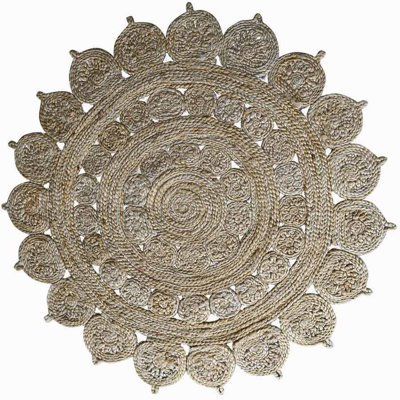 Anamaria Hand Woven Jute Eco-Friendly Solid Area Rugs - Round, Cream Color, Oriental Design, Low Pile, Natural Fiber, Outdoor Indoor Handmade Area Rugs for Living Room, Bed Room