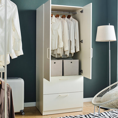 White Solid Wood Cabinet With Drawers And Hanging Bars - Quiet Closing Function, Extra Large Storage Area, To Water Heat, Stains Scratches Two-Door Closet Two Softly Shutting Potential, Wide Space, &
