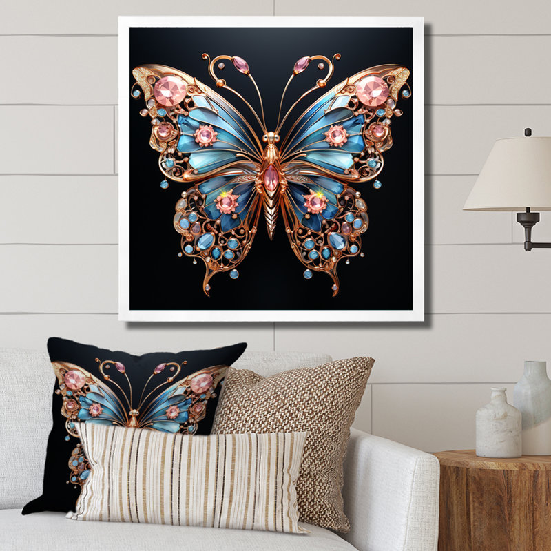 «Blue and Pink Crystal Butterfly I», art mural papillon, H 16 po x l 16 po x P 1 po, Cadre simple blanc