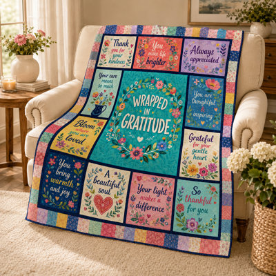 Gratitude Throw Blanket with Floral Patchwork Quote Design, Thank You Gift Flannel Blanket Featuring Inspirational Messages Flowers and Botanical Artwork, 30 x 40 in
