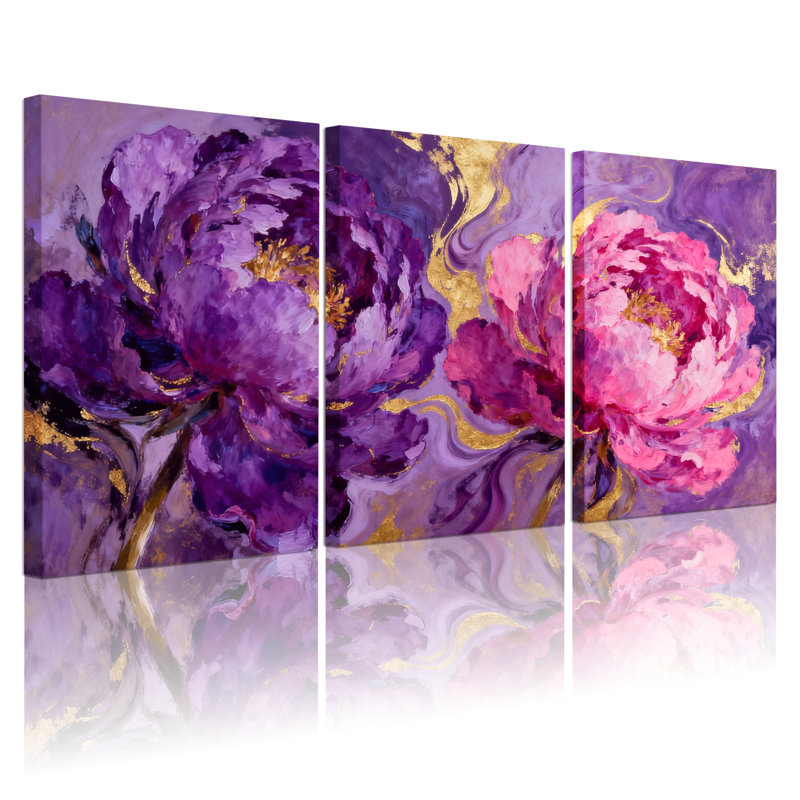 Plantes et fleurs, pivoine mauve, ensemble de 3 impressions sur toile