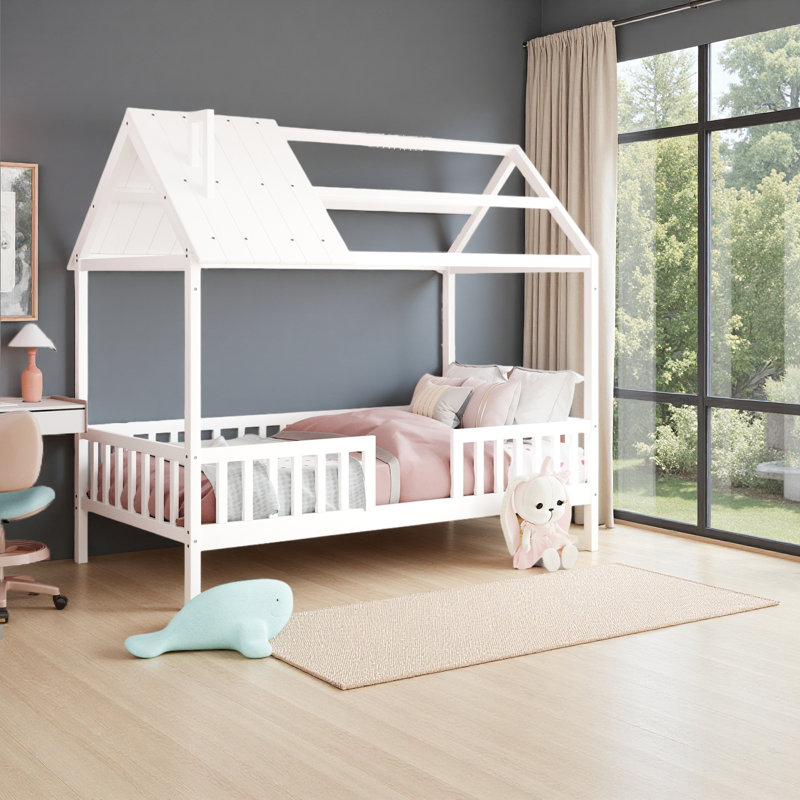 Lit simple en bois avec clôture, Blanc