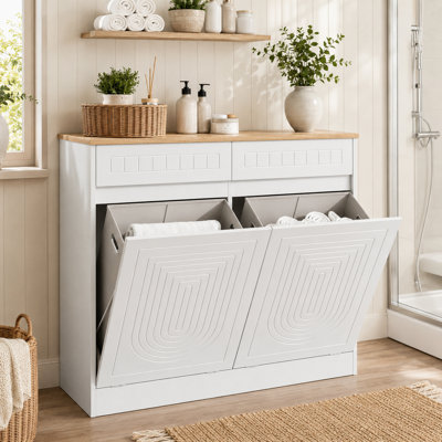 Contemporary Dual Tilt-Out Laundry Hamper Cabinet, Freestanding Trash Bin Storage Credenza with 2 Removable Fabric Baskets for Laundry Room & Entryway