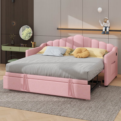 Upholstered Twin Daybed With Adjustable Height Pop-Up Trundle, USB & Type-C Ports, And 2 Side Storage Compartments