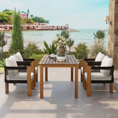 Ensemble de salle à manger d'extérieur de luxe 5 pièces pour 4 personnes, en bois d'acacia massif avec chaises tissées en corde, parfait pour le jardin et la cour
