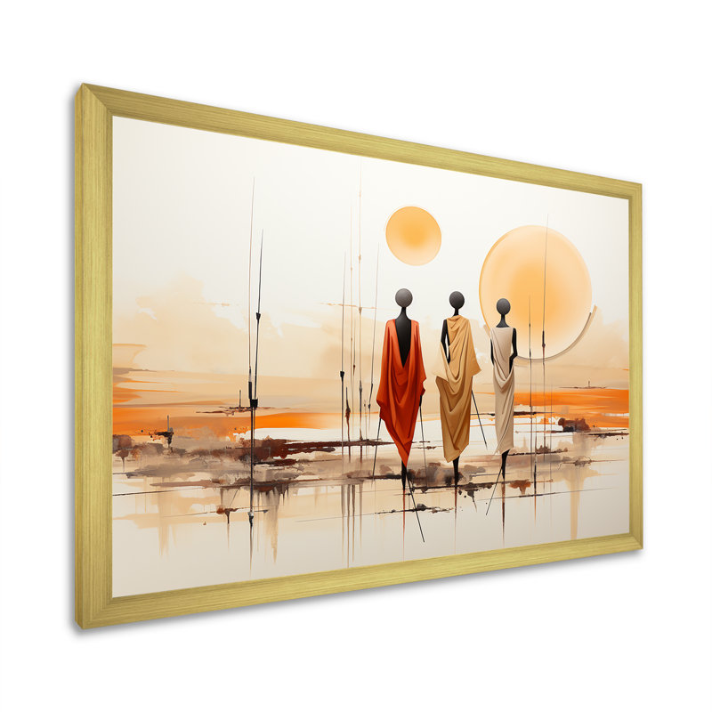 Bushmen africain du Kalahari I - art mural tribal africain, Cadre doré à coins fermés, H 16 po x l 32 po x P 1 po