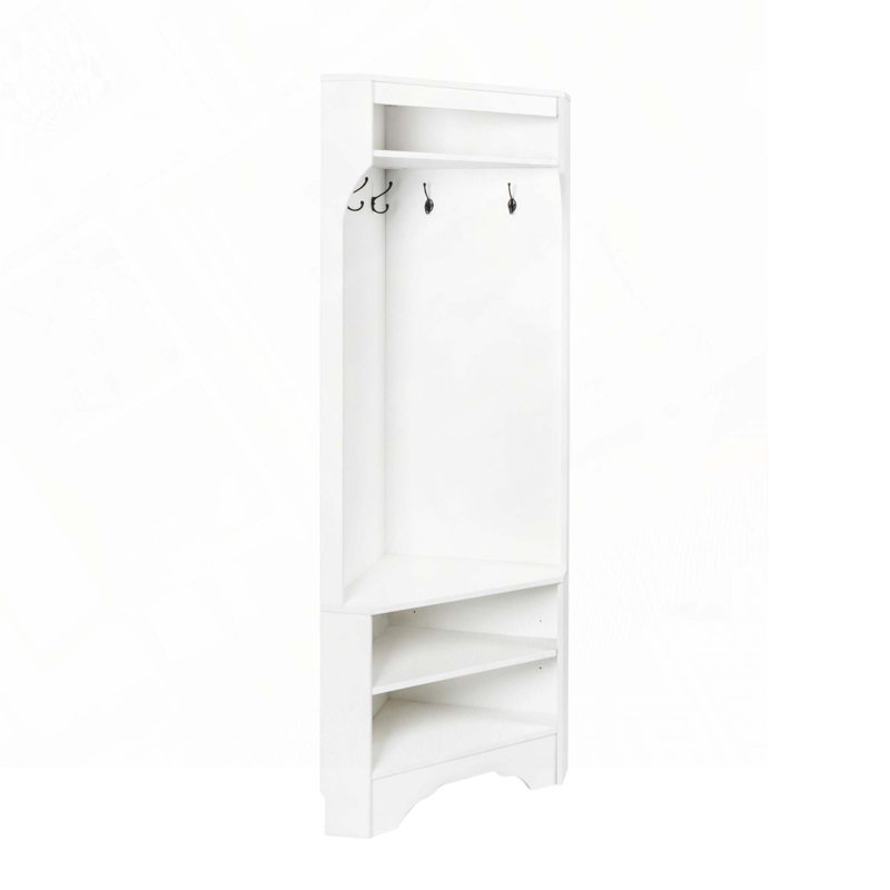 Corner Hall Tree with Shoe Bench, Versatile Entryway Coat Rack with 4 Hooks, White
