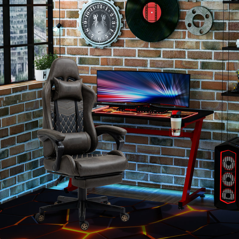 Ergonomic Racing Seat In Brown Pu Leather, Adjustable, Footrest, Lumbar Padding, Swivel Leather Gaming Armchair, Support, High Back