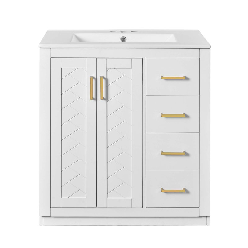 Ensemble de meuble-lavabo 30 po avec lavabo en céramique, armoire de rangement en bois massif, ensemble de meuble-lavabo autoportant avec 3 tiroirs et portes à fermeture douce