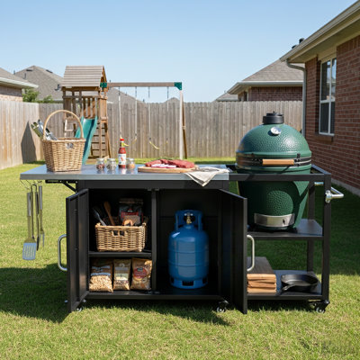 76.6" Outdoor Large Grill Cart with Storage Cabinet, Outdoor Kitchen Island with Steel Drop Leaf for Large Big Green Egg, Outdoor Grill Table with Adjustable Shelf & Hooks & Bottle Opener for BBQ