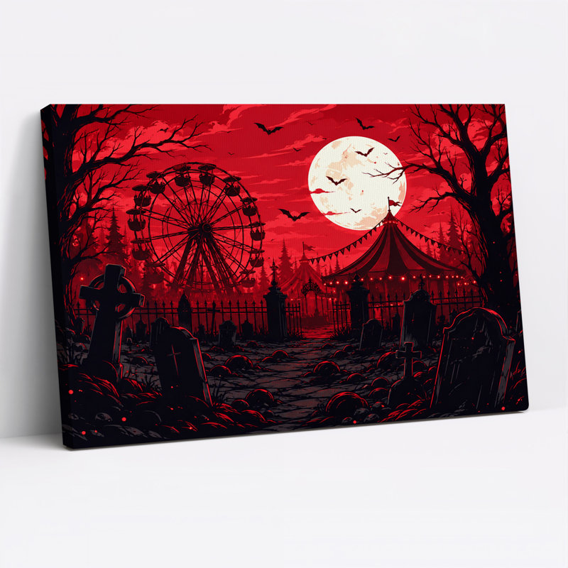Art mural sur toile, lune rouge sur silhouette de grande roue d'Halloween, H 20 po x l 30 po