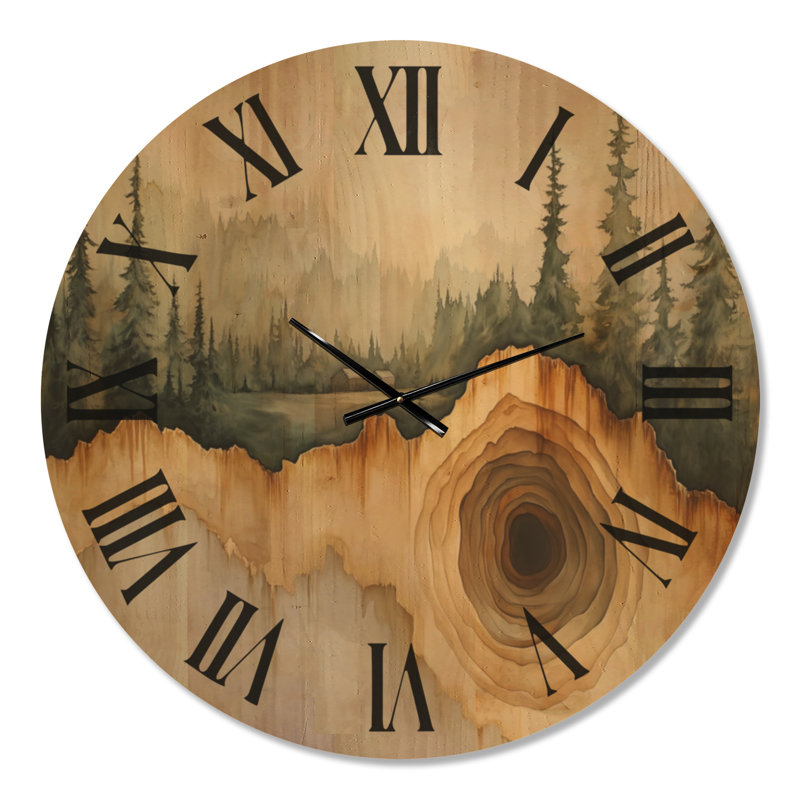 Horloge murale ronde Golden Timber Rings - Grande horloge de style ferme, imprimée sur bois, Extra Large