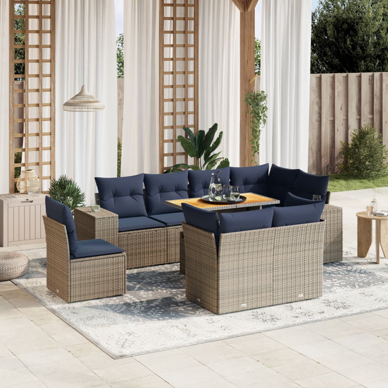  9 Piece Patio Sofa Set With Cushions Poly Rattan, Grey, Blue
