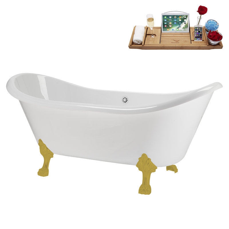 71" Streamline Clawfoot Tub,Tray,Drain and Clawfeet, Brushed Gold, Glossy White
