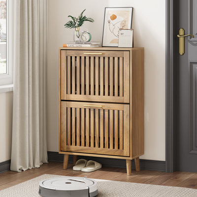 Wooden Shoe Cabinet for Entryway, 16-24 Pairs Shoe Organizer with Flip Drawer and Adjustable Shelves