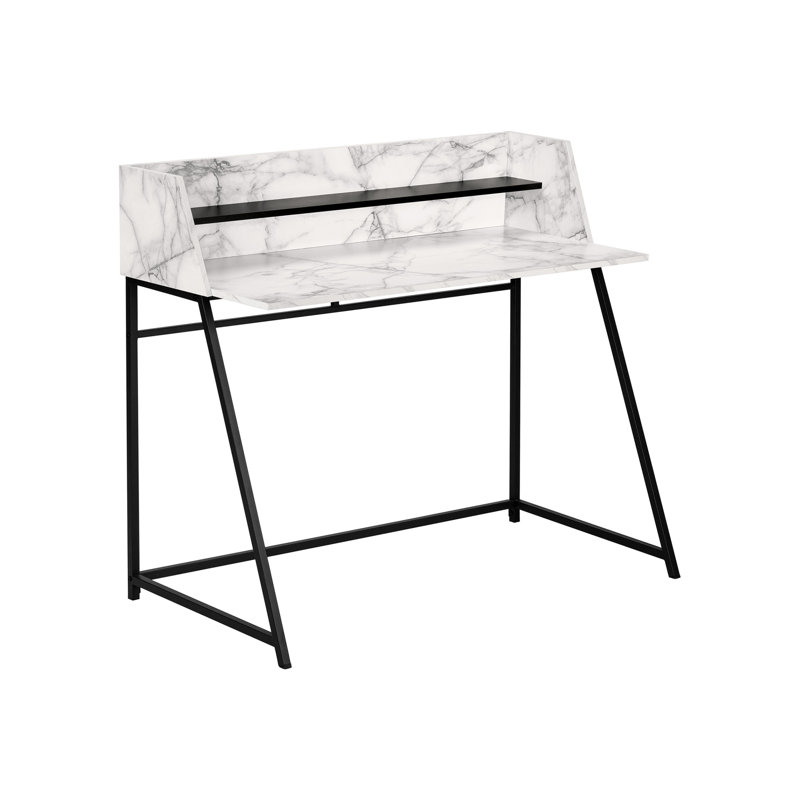 Bureau d'ordinateur moderne avec surface semblable au marbre blanc et structure en métal noir, l 48 po, convenant aux préférences de rangement du bureau personnel en métal d'aspect marbre, l 45,94 po, tablettes pour un espace de travail simplifié