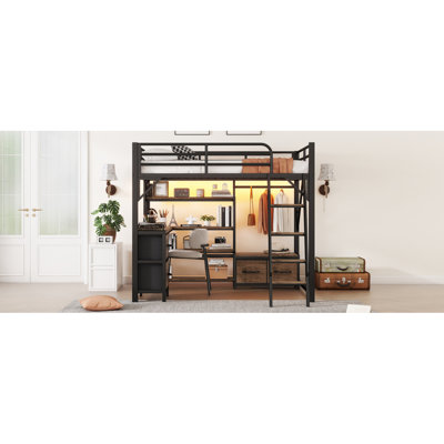 Lit mezzanine double avec bureau et lumière, lit mezzanine en métal avec tablettes de rangement, garde-robe et tiroirs pour garçons, date d’arrivée prévue le 2025/7/26