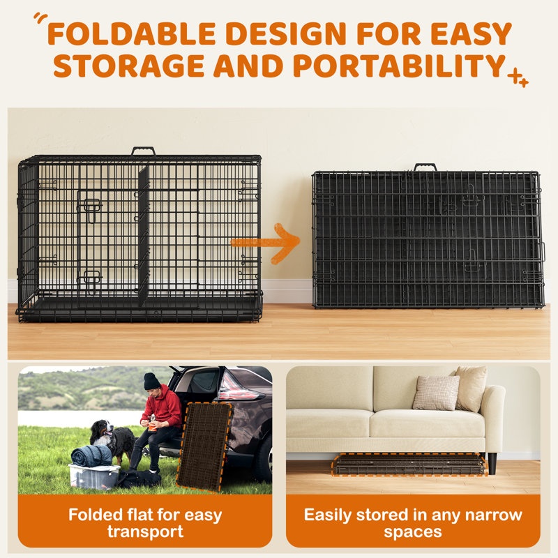 Foldable Metal Wire Dog Cage with Divider, 31.5" H x 48" W x 29" D