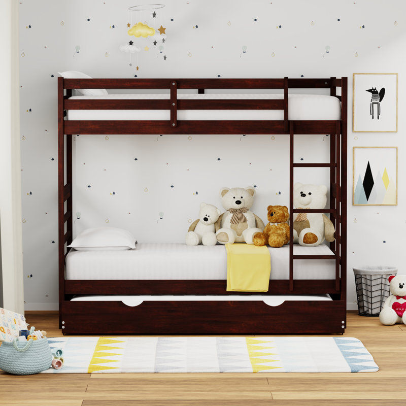 Garnik Solid Wood Twin Over Twin Bunk Bed and Trundle, Espresso