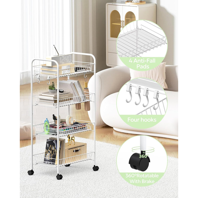 White Metal 4-Tier Rolling Utility Storage Cart with Removable Wire Baskets