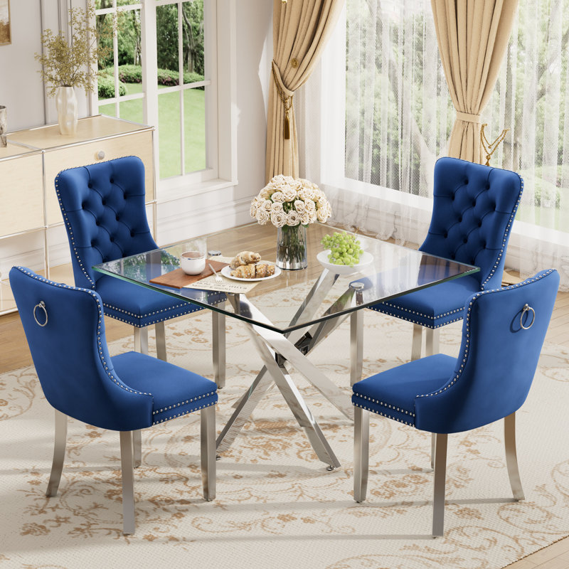 Ensemble de salle à manger à piédestal carré avec chaise capitonnée, Bleu, 5 pièces: table, 4 chaises, Argent