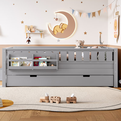 Lit plateforme simple avec bibliothèques intégrées, petit escalier et rails de sécurité de haute qualité, plus gigogne gigogne pour enfants / adolescents - Gris