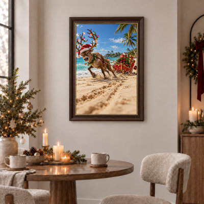 «Reindeer In Santa Hat Pulling Sleigh On Tropical Christmas», art mural sur toile