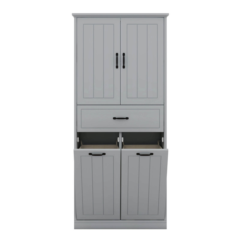 Grande armoire de rangement pour salle de bain avec portes et tiroir, armoire de rangement avec deux paniers à linge amovibles, tablette réglable