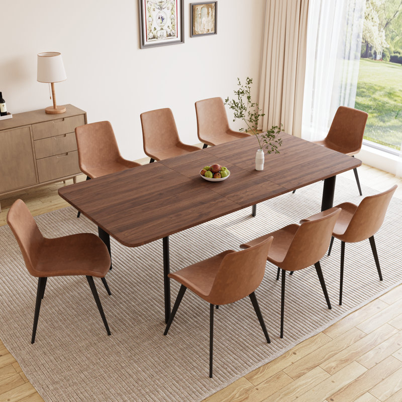 8 - Person Modern Oak Kitchen Dining Set, 63'' to 78.7'' Extendable Dining Table with 32.4"H Upholstered Dining Chairs for 8 Person