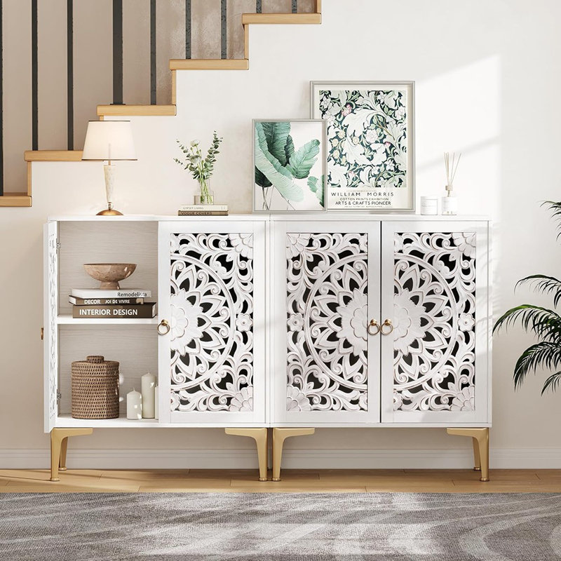 Buffet décoratif avec pieds dorés et tablette réglable - blanc