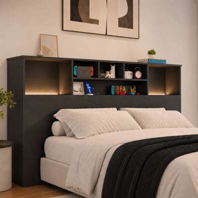 Tête de lit bibliothèque avec station de charge, éclairage DEL 3 couleurs amélioré avec commande à bouton rotatif, disponible en très grand lit