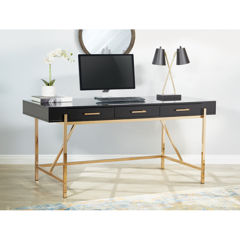 Bureau Vallee avec prises intégrées, Noir / doré