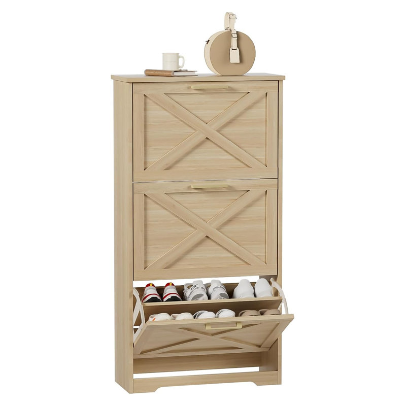 Slim Shoe Cabinet With Flip Drawers, 3-Tier Freestanding Shoe Organizer For Entryway, Hallway, Living Room, Natural Wood Finish
