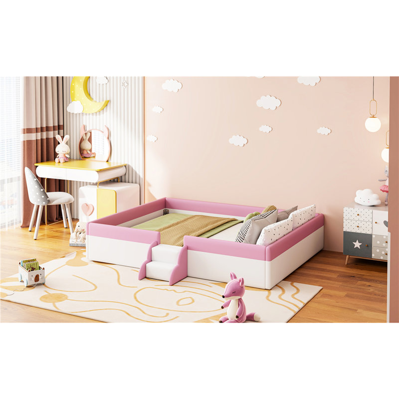 Très grande base de lit tapissier très grand avec clôture et escalier, combinaison rose et blanc, tissu éponge confortable, 10 lattes pour un soutien à long terme, installation simple et durable, facile à assembler