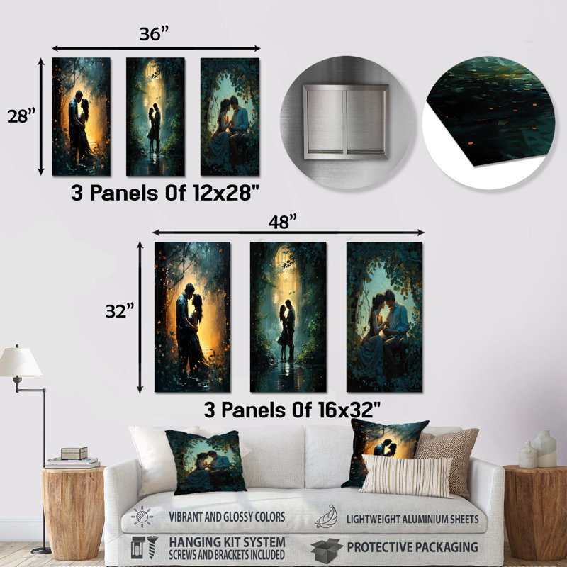 «Twilight Tenderness Couple», ensemble de 3 reproductions d'art mural en métal, H 28 po x l 36 po