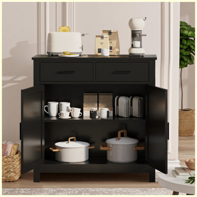 Buffet noir moderne de style campagnard, buffet avec 2 tiroirs, 2 portes et pieds en bois massif pour le salon, la salle à manger et la salle de bain