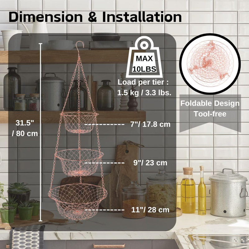 Paniers suspendus à 3 niveaux pour panier de fruits - Rangement de cuisine (cuivre)