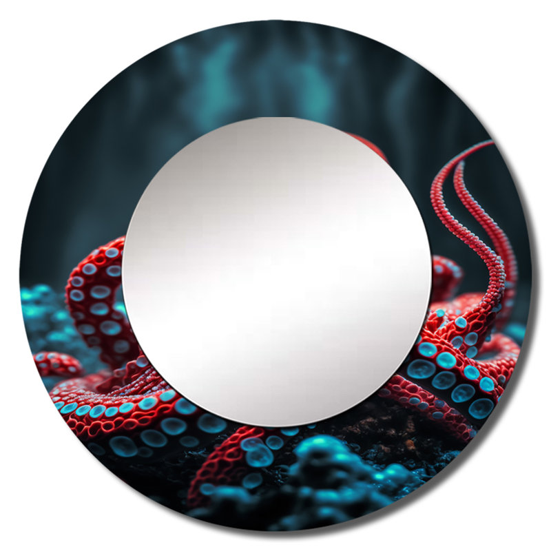 Selmin Red Octopus On The Ocean Floor IV - Octopus Unique Wall Mirror, Red Round Mirror, Printed Metal Art, 23" x 23"