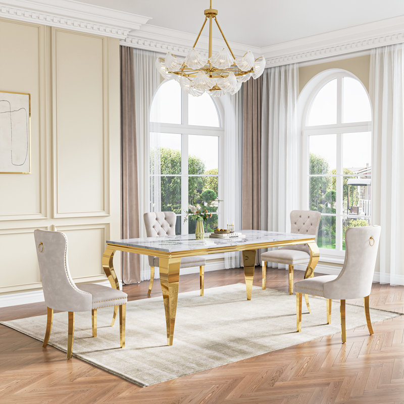 Luxurious Dining Table, 70” Dining Room Table, Rectangular Faux Marble Kitchen Table For Dining Room Family Gatherin, Gold