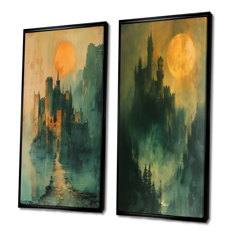 Tanesha - ensemble de 2 pièces d'art mural châteaux, H 40 po x l 40 po, Impression encadrée, Noir, noir, noir, noir