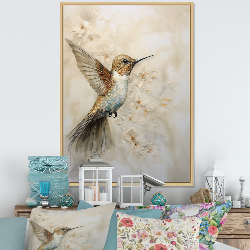 Colibri floral flottant III - Art mural colibri pour le salon, H 44 po x l 34 po x P 1,5 po, Cadre flottant érable