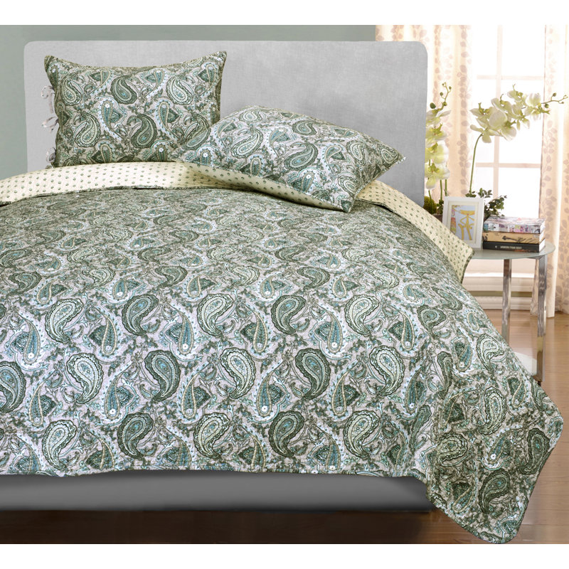 Moroccan Paisley 100% Cotton Floral Reversible Quilt Set, Full/Queen Quilt + 2 Standard Shams, Grey