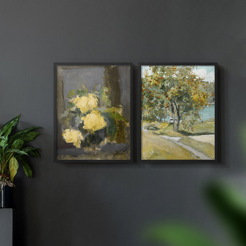 Vintage Floral XXXV - Impression Giclée sur cadre - ensemble de 2, Noir, noir, noir, noir, H 12 po x l 30 po