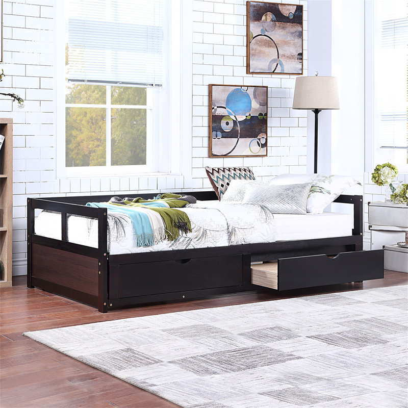 Gray Extendable Wooden Daybed with Trundle & 2 Storage Drawers - Sofa Bed for Bedroom & Living Room, Gray