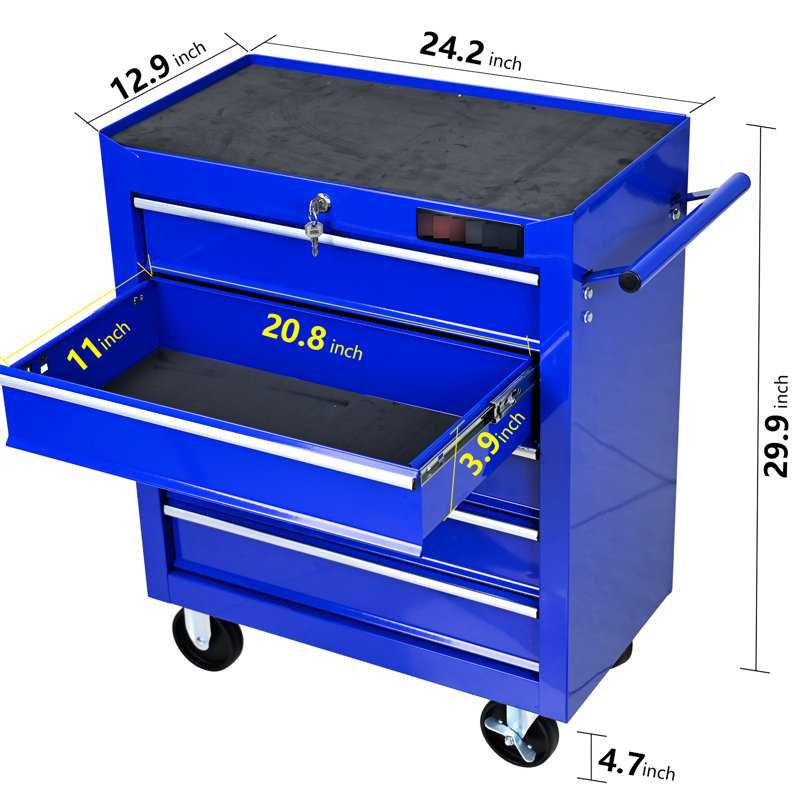 Chariot à outils d'atelier 5 tiroirs avec glissières à roulement et serrure, verrou d'armoire à tiroir bleu 4 roues pour le garage, lueur
