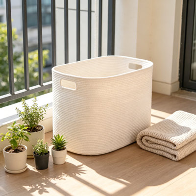 Panier à linge blanc, panier de rangement en corde de coton pour le salon, très grand panier tissé pour couvertures, jouets, vêtements, chaussures, 105 L, 25 x 16 x 16 po